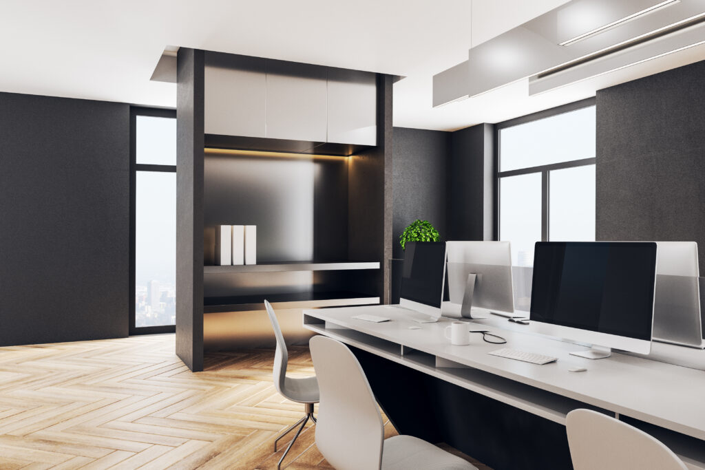 Oficina estudio arquitectura render, diseño interior moderno, estaciones de trabajo, climatización eficiente, split frío calor, radiadores calefacción, ambiente profesional